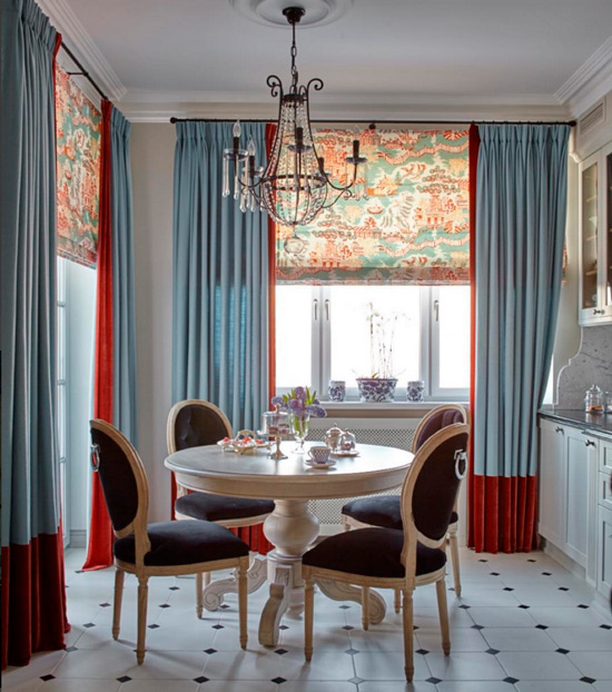 Interior classic kitchen with bright curtains