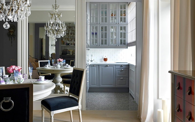 Interior of the kitchen-living room in classic style