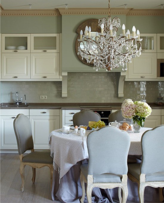 The interior of the kitchen-dining room in a classic style.