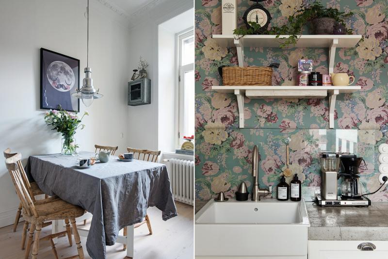 Behang met bloemen in het interieur van de keuken