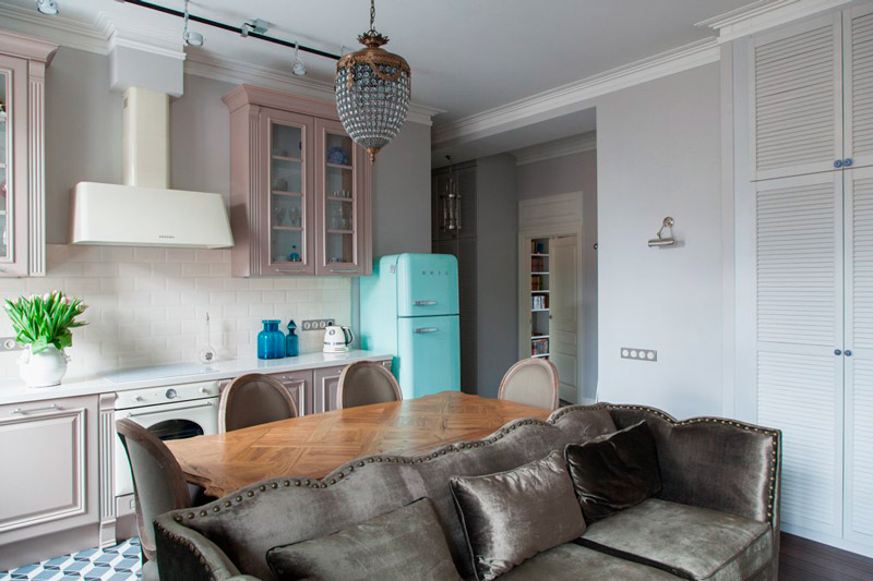 Different flooring in the kitchen-living room