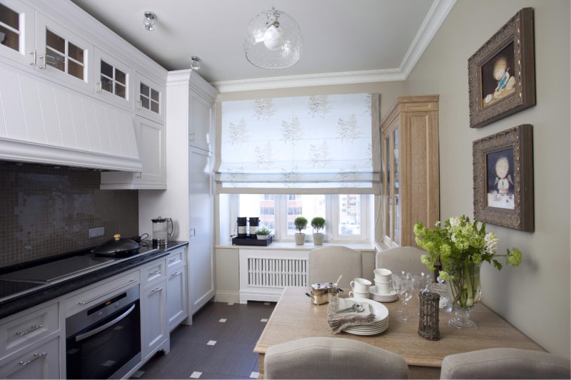 Roman curtains in the interior of a classic kitchen