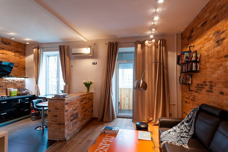 Curtains in the interior of a modern kitchen-living room