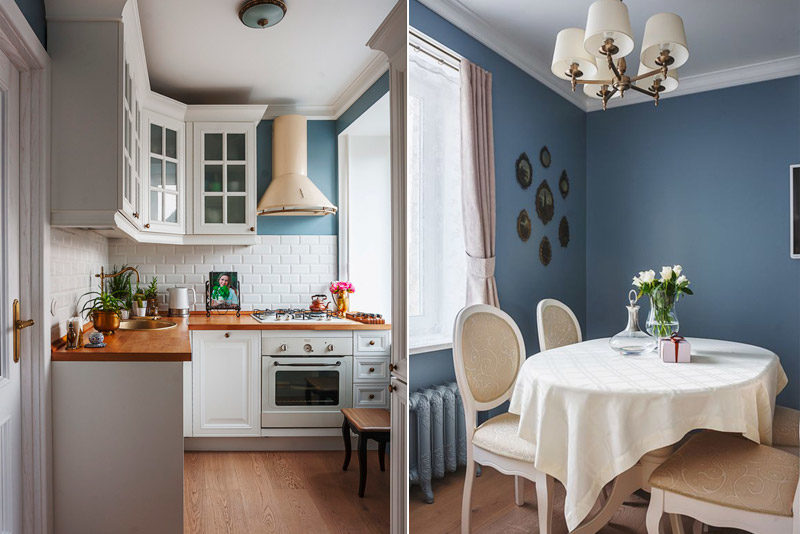 Blue walls in the interior of a classic kitchen