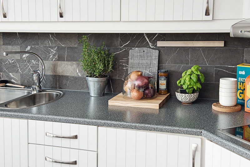 Dark laminated chipboard worktop