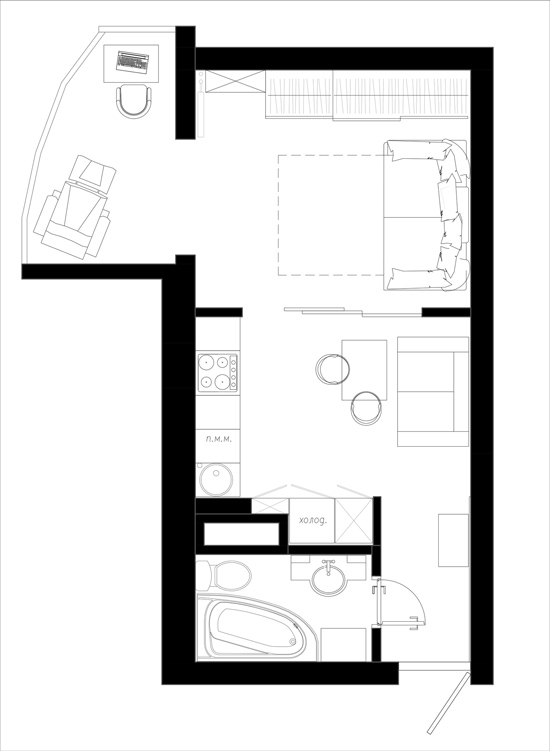 Kitchen plan without window with translucent doors