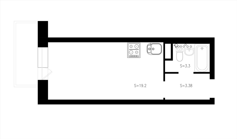 Pelan apartmen studio dengan dapur berjalan kaki