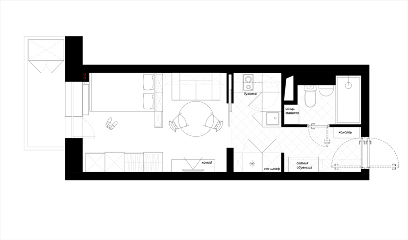 Studio appartement plan met doorloop keuken