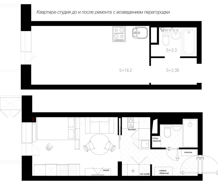 Stúdió apartman tervezése partíciók építésével