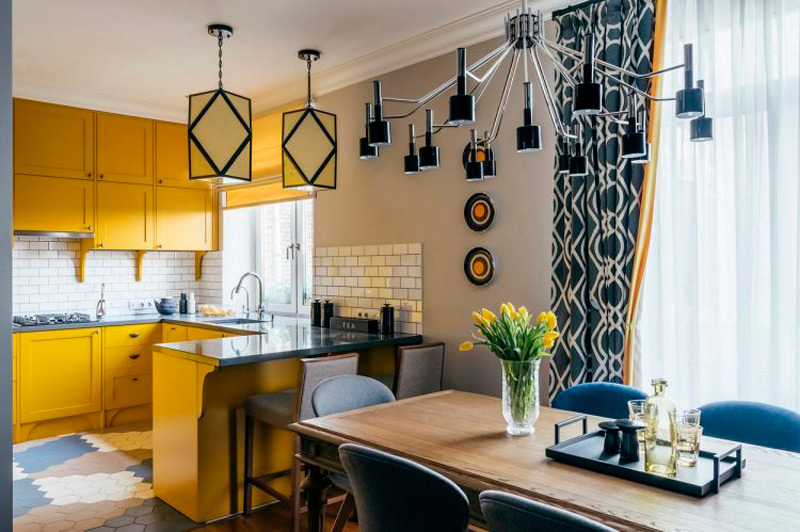 Curtains in the interior of the kitchen-living room