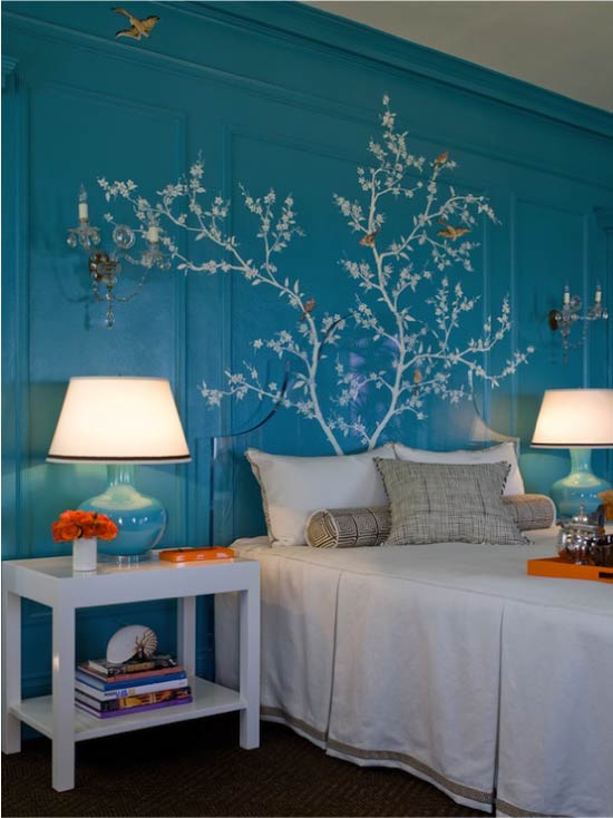 Painted tree on the wall and headboard