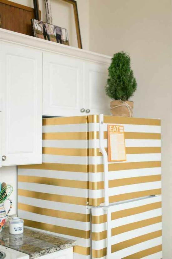 Painting the fridge with stripes using masking tape