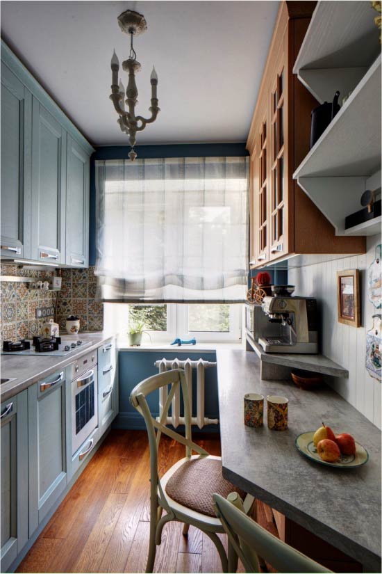 Narrow kitchen with a two-row layout