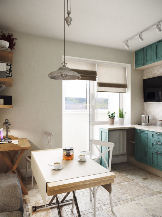 Roman curtains in the kitchen with a balcony