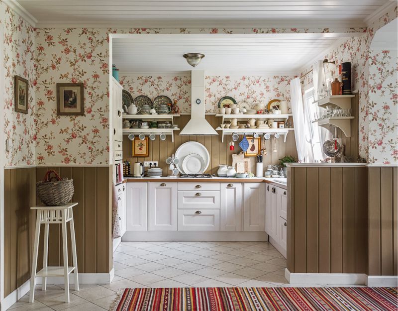 Brown color in the interior of the kitchen in a country house