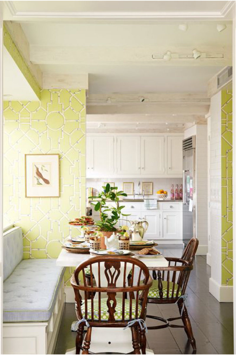 White kitchen with yellow wallpaper