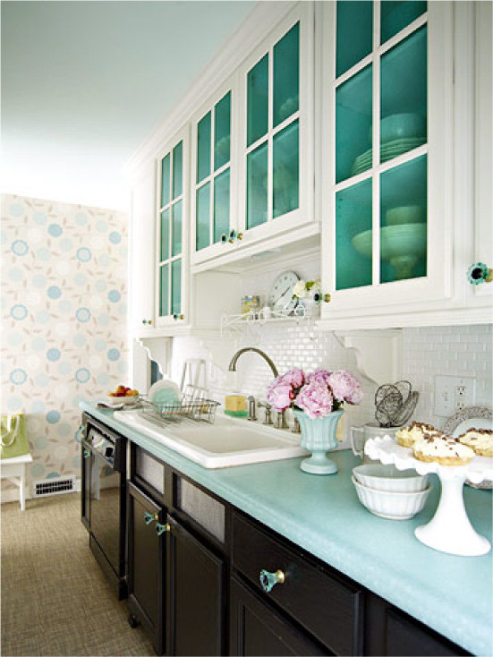 Black and white kitchen with blue wallpaper