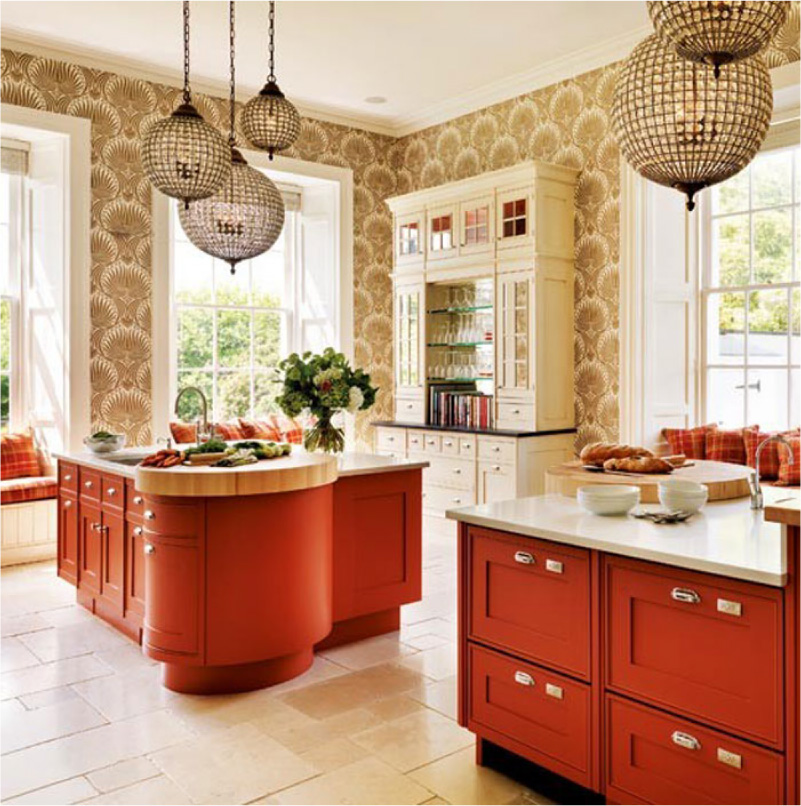 Red kitchen with beige wallpaper