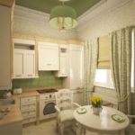 Light green wallpaper in the interior of the kitchen