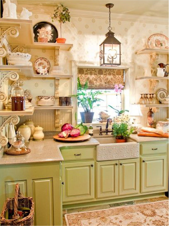 Dapur hijau dan kertas dinding beige