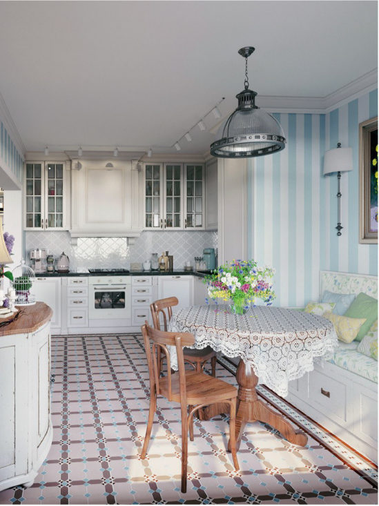 Kitchen design with motley floor tiles