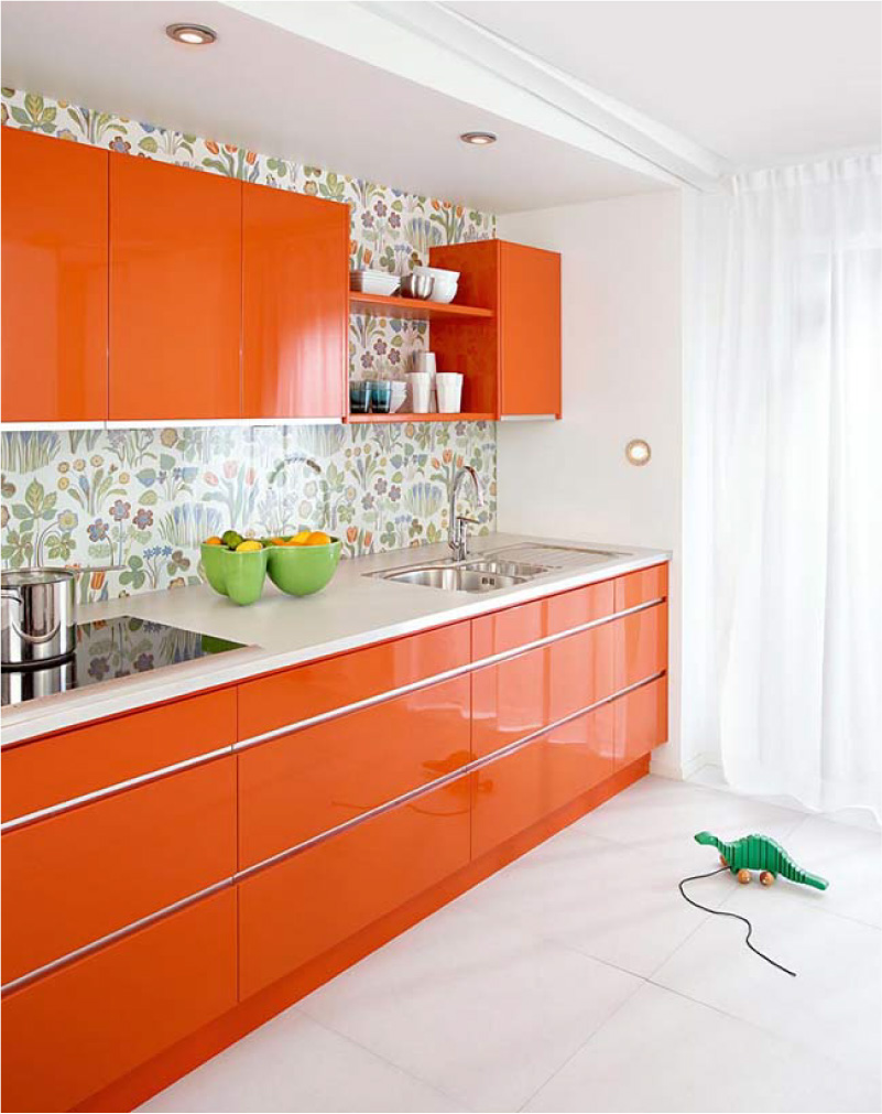 Orange glossy Scandinavian style kitchen