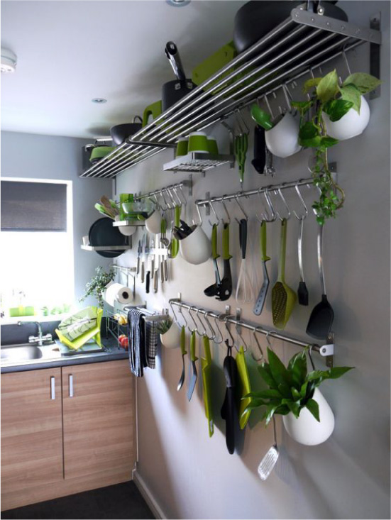 Railing storage system in the kitchen