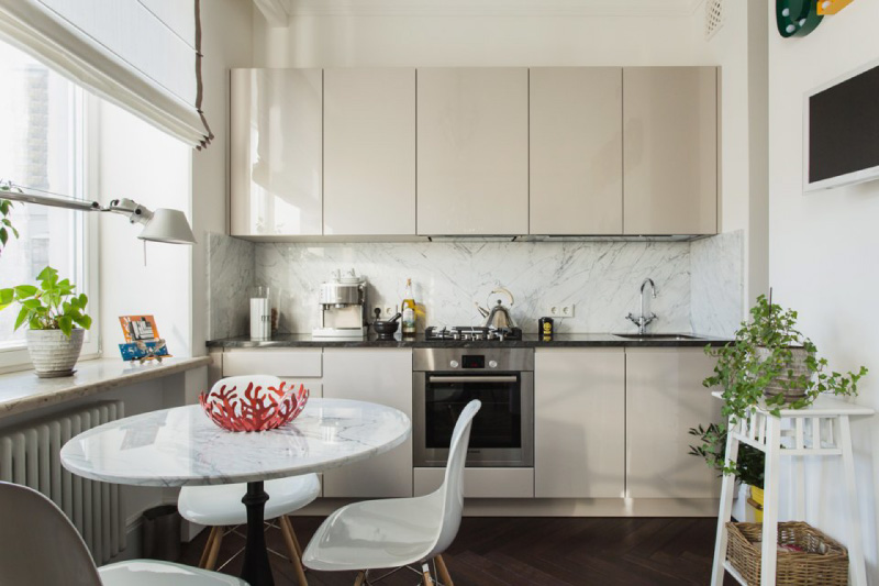 Beige kitchen without handles