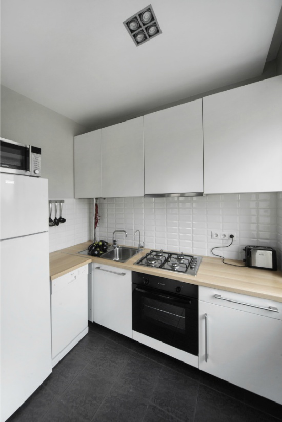 Kitchen in Khrushchev with frosted stretch ceiling