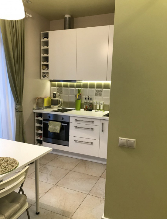 Small kitchen with olive walls