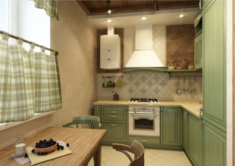 Olive country style kitchen with checkered curtains