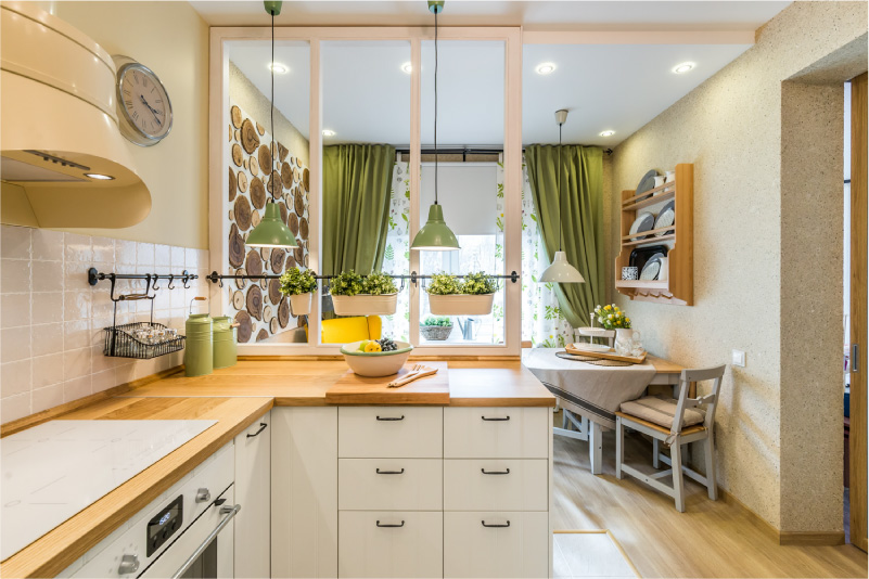 Olive curtains in the kitchen interior